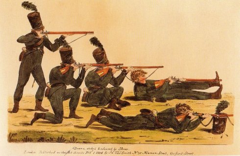 "... resting their rifles on their caps": from J Jones, 'The Rifle Manual and Firing', 1804 