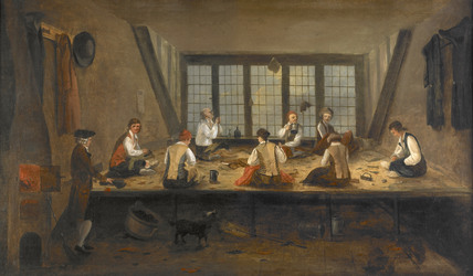 This rare view of the interior of a late 18th c tailor's workshop may give some idea of working conditions in an army clothier's [Museum of London]